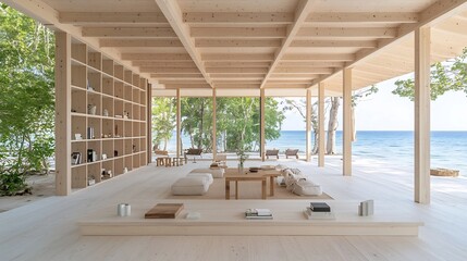 Poster - Close up view of an intricate wooden skeleton frame of a modern house under construction showcasing the intricate beams and timber in a clean detailed composition