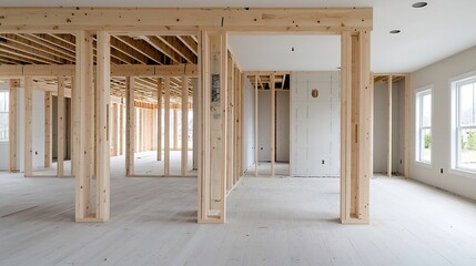 Poster - Close up view of the intricate wooden beams trusses and framework that form the structural support system of a house under construction in a contemporary architectural style
