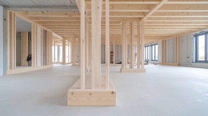Poster - Close up view showcasing the intricate wooden skeleton frame and structural beams that form the foundation of a contemporary house under construction