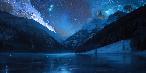 Poster - Frozen lake reflecting a starry night sky, 4K Video