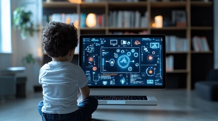 Aufkleber - Young learner sitting on the floor facing a glowing laptop screen with vibrant educational symbols surrounded by tall bookshelves and dark wood decor
