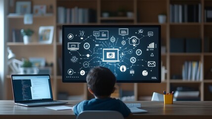 Poster - Cozy and Inviting Study Environment with a Child Intently Viewing Floating Icons Displayed on a Laptop Screen Surrounded by Warm Wood Tones and Bookshelves