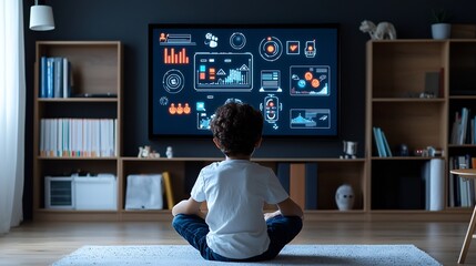 Poster - Young Child Sitting Cross Legged Amid Floor to Ceiling Bookshelves Entirely Focused on the Vibrant Educational Icons Glowing on a Floating Laptop Screen in a Warm Wooden Interior Space