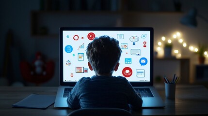 Poster - Young student engaged in distance learning facing a floating laptop screen displaying bright educational icons and symbols in a cozy wood paneled study setting