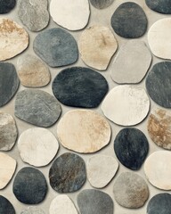 Poster - A close-up view of naturally occurring river stones, featuring various shapes and shades, perfect for nature-themed designs and architectural projects.