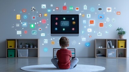 Aufkleber - Innovative online learning environment with a child sitting in front of a floating laptop screen glowing with vibrant icons and surrounded by dark wood shelves