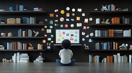Poster - Cartoon child sitting with their back turned looking at a floating laptop screen displaying colorful educational icons surrounded by bookshelves in a dark wooden background