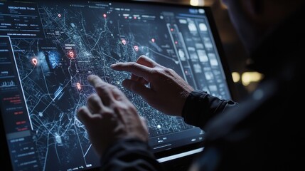 Poster - A person interacts with a high-tech digital map on a large screen, analyzing data points.