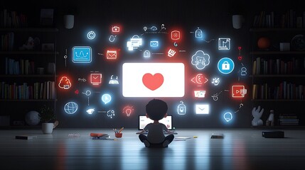 Poster - Playful of a child seated in front of a glowing laptop screen surrounded by bookshelves in a dark wooden study room engaging with educational learning icons and technology