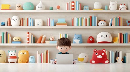 Poster - Cheerful cartoon of a happy child studying online with a luminous laptop surrounded by colorful bookshelves in a warm wooden setting  Concept of remote learning education and technology