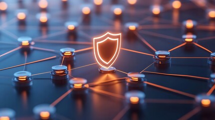 Poster - A glowing shield icon amidst a network of interconnected nodes, symbolizing cybersecurity.