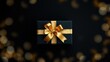 © Vibrant Visions Pixe - A simple black gift box with a luxurious golden bow, resting on a dark background with out-of-focus golden lights.