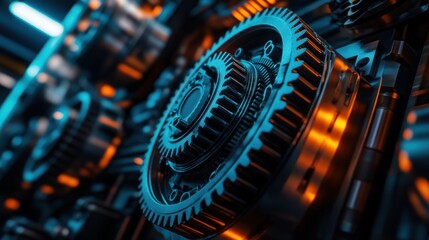 Poster - Close-up of intricate mechanical gears with a futuristic glow.