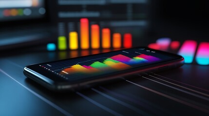 Poster - A smartphone displaying colorful data visualizations on a dark background.