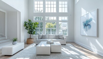 Wall Mural - Modern living room with white furniture, large windows, and a painting