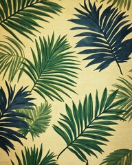 Poster - A vibrant collection of palm leaves in various shades of green against a textured background. Perfect for nature-themed designs and decor.