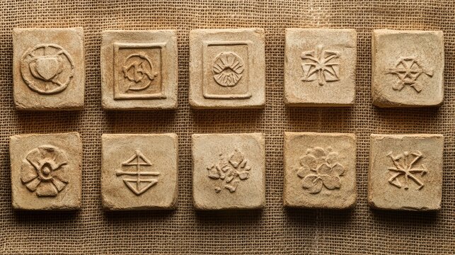 Hand-pressed clay tablets with engraved data symbols, aligned in a network pattern on a burlap background