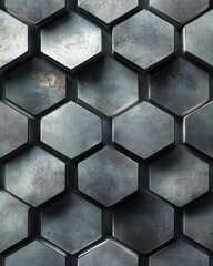 Poster - A close-up view of metallic hexagonal tiles, showcasing a modern and industrial design. The texture and patterns create a visually appealing backdrop.
