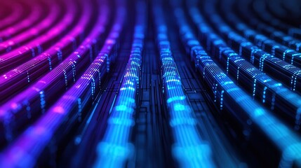 Poster - A vibrant, abstract image featuring curved lines in purple and blue tones, creating a dynamic, flowing pattern reminiscent of sound waves or digital art.