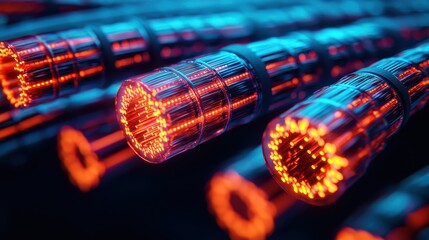 Poster - An abstract visualization of glowing fiber optic cables, showcasing vibrant red and blue lighting against a dark background.