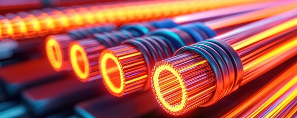 Poster - The image features glowing metallic rods with vibrant orange and red hues, showcasing a close-up view of their textured surfaces and circular ends.