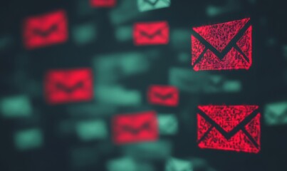 Poster - A digital representation of email icons in red against a dark background.