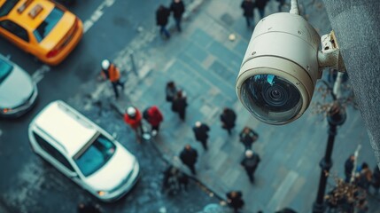 Poster - a surveillance camera overlooks a busy street with pedestrians and vehicles.