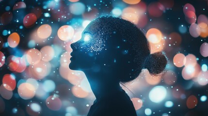 Wall Mural - Silhouette Woman Bokeh Lights Sparkles Digital Art Abstract Night