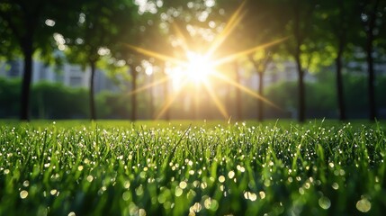 Poster - A tranquil view of a city park at sunrise, with the golden light filtering through the trees and illuminating the dew kissed grass.