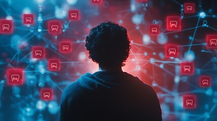 Poster - A person gazes at a digital network of interconnected data icons, symbolizing technology.