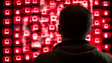 Aufkleber - A person gazes at a vibrant display of red lights, suggesting technology and digital interaction.