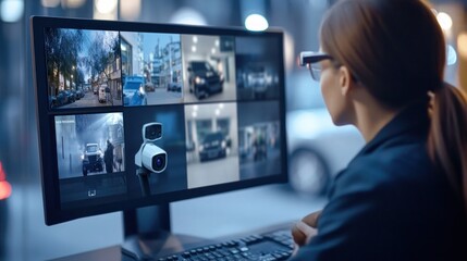 Poster - a woman monitors security camera feeds on a computer screen in an urban setting.