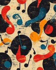 Poster - A vibrant, retro-inspired pattern featuring colorful music notes and vinyl records. Ideal for music aficionados and creative design projects.