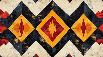 Poster - This vibrant textile design features geometric shapes in red, yellow, and black, highlighting traditional motifs that convey cultural significance.