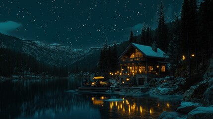 Poster - Cabin on a snowy lake at night with a starry sky.