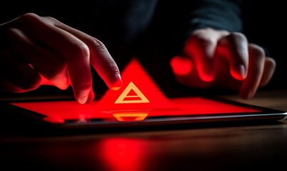 Aufkleber - A hand interacts with a glowing red triangle on a tablet screen in a dark setting.