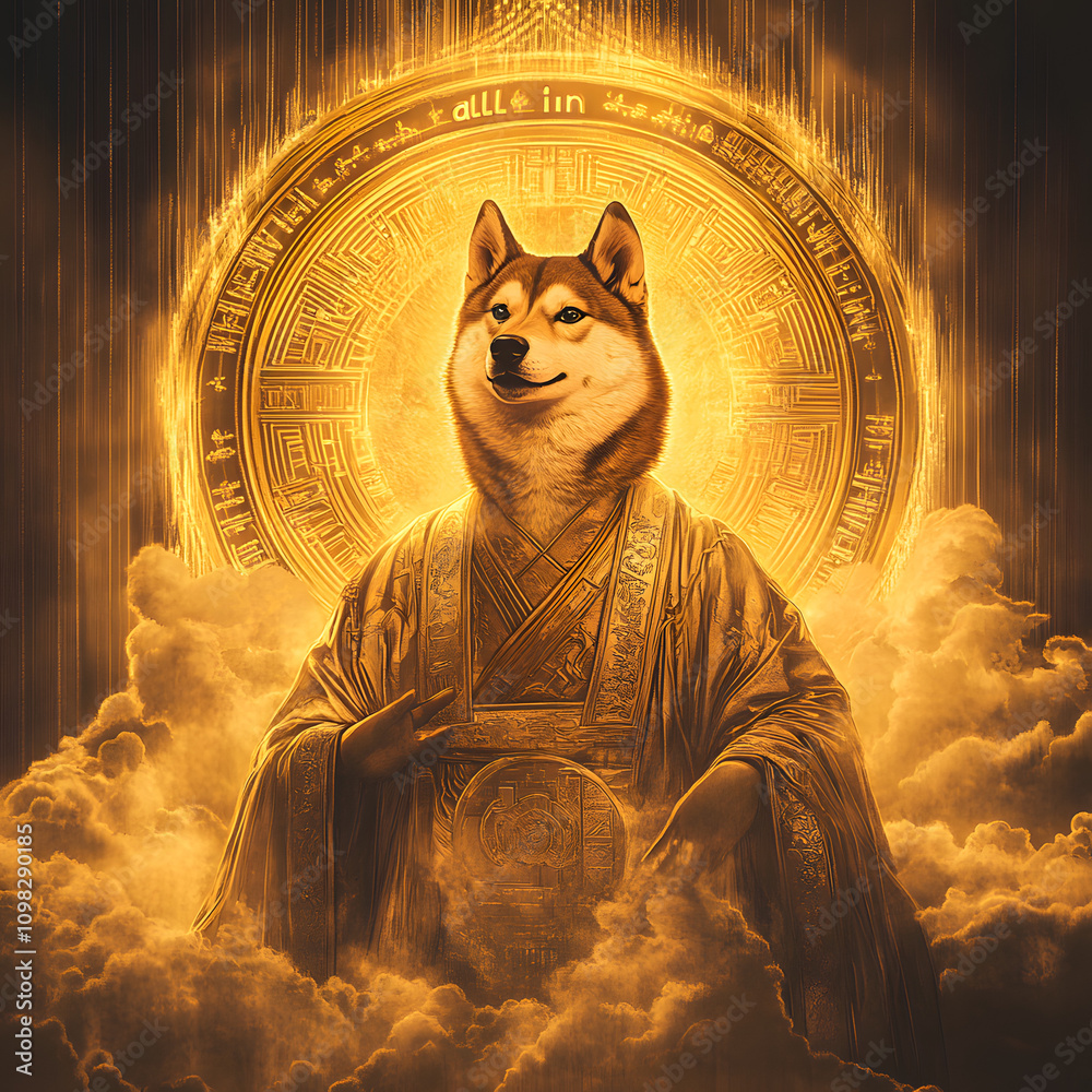 Photo of a meme dog coin dressed as a crypto god sitting on a cloud Stock  Photo | Adobe Stock