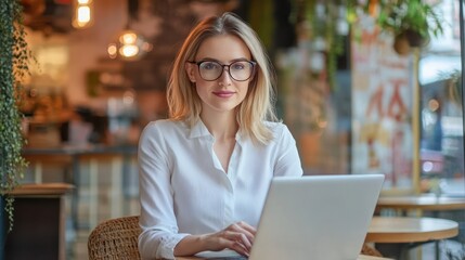 Poster - A woman working on a laptop in a cozy café setting.