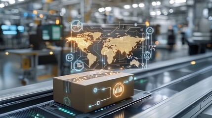 Fototapete - Delivery box with a vibrant world map pattern glowing on a conveyor belt set against a backdrop of illuminated nodes connected to a futuristic digital network
