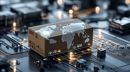 Fototapete - Glowing world map pattern featured on a delivery box traveling along a conveyor belt against a backdrop of illuminated nodes connected to a futuristic interconnected digital network system