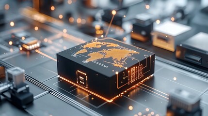 Fototapete - Glowing world map on a conveyor system highlighted by futuristic network nodes linking across a digital grid symbolizing global connectivity data exchange and the future of logistics and commerce