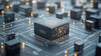 Fototapete - Glowing Delivery Box with a Map Design Moving Along an Illuminated Conveyor Belt Amidst a Network of Digital Connections Representing Efficient and Automated Logistics and Supply Chain