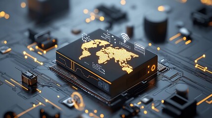 Aufkleber - Glowing holographic world map displayed on a moving conveyor belt highlighted by a futuristic network of interconnected digital nodes against a sleek abstract grid background