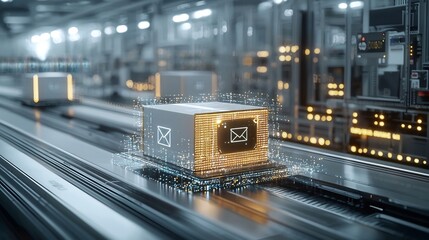 Aufkleber - Futuristic transportation concept featuring a glowing delivery box and illuminated network nodes along a conveyor belt showcasing advancements in automated sustainable logistics and cargo delivery