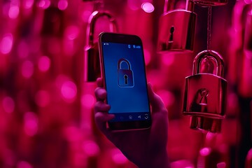 Fototapete - A hand holding a smartphone displaying a padlock icon amidst glowing locks.
