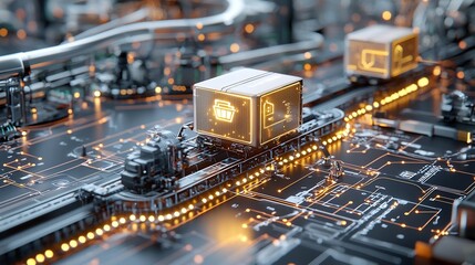 Fototapete - Bright Delivery Box with Glowing Map Graphic on Sleek Conveyor Belt Connected to Futuristic Transport Network Representing Efficient Logistics and Commerce