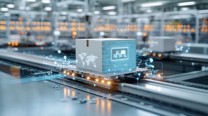 Aufkleber - Illuminated box with detailed map information traveling on a futuristic conveyor system surrounded by a network of bright glowing lights representing the future of transportation technology