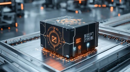 Fototapete - Glowing high tech box with a futuristic map design placed on a conveyor belt beneath an illuminated network grid with bright nodes representing connectivity data and advanced technology