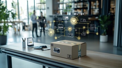 Fototapete - Glowing delivery box moving on a conveyor belt against a backdrop of a connected global network symbolizing advanced automated and integrated logistics and transport systems