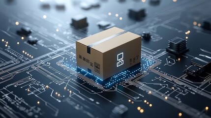 Fototapete - Illuminated delivery box moving on a conveyor belt against a backdrop of a connected global network symbolizing advanced and automated transportation and logistics solutions for the future